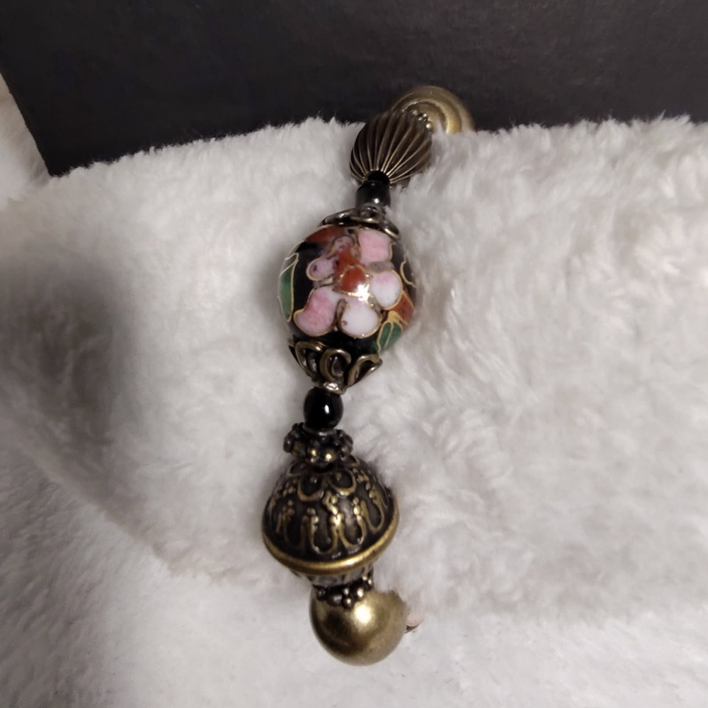 Vintage Cloisonné Bracelet Brass Tone Floral Colored Enamel Beads Handmade